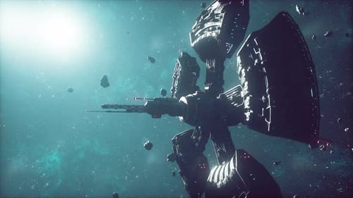 Futuristic Space Station and Spaceship Fly Through Asteroid Field