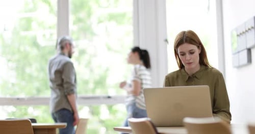 Businesswoman works on laptop at office, colleagues converse