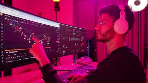 Trader, man and computer screen with trading for stock market, financial tech and investment numbers