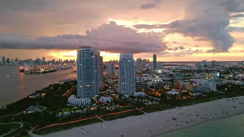 Aerial View of Night Miami Beach South Beach at Night Miami Seaside at Dusk Evening Miami Beach and