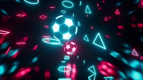 Neon Soccer Balls with Glowing Geometric Shapes Background Loop