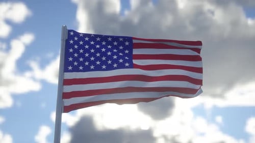 Realistic American Flag Waving on Flagpole Against Cloudy Sky