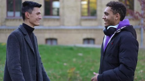 Seitenansicht Positiv Junge Männer aus dem Kaukasus und Afroamerikanern stehen auf dem Campus der Universität und unterhalten sich