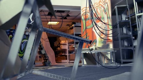 Empty Urban Workspace with Graffiti and Fallen Frame