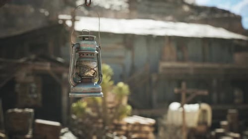 Rustic Lantern Hanging in Front of an Old Building in a Deserted Area