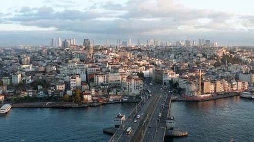 Aerial View Of Galata Bridge, Galata Tower And Istanbul City In The Early Morning In Turkey.