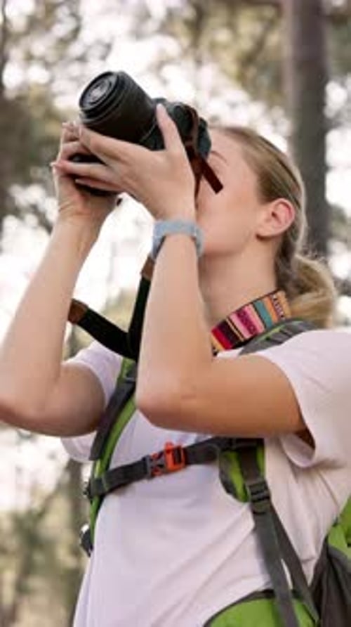 Woman, hiker and photography with camera in forest for sightseeing, tourism or nature hobby