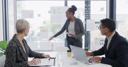 Business woman, manager presentation and meeting statistics, data analytics