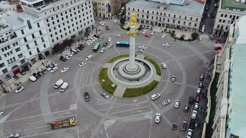 Aerial View of City Plaza with Monument