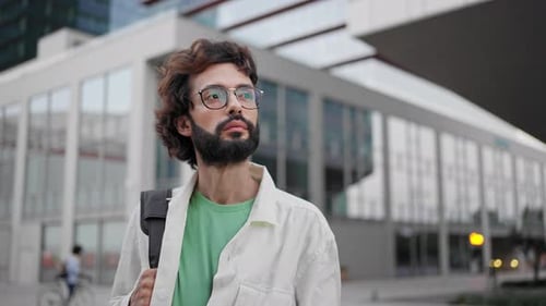 Attractive Guy in Casual Clothes Carefree Professional Business Man Walking in City Near Office