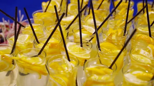 Glasses with Lemonade with Sliced Citrus Fruits on a Buffet Table on a Catering Food Service Summer