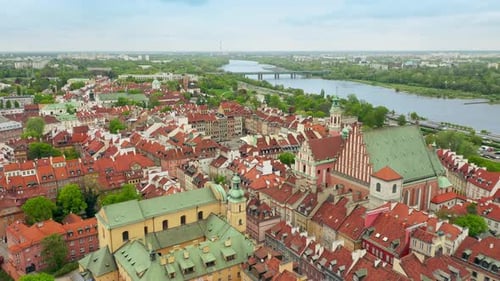 The market square and the old town of Warsaw on the banks of the Vistula River.