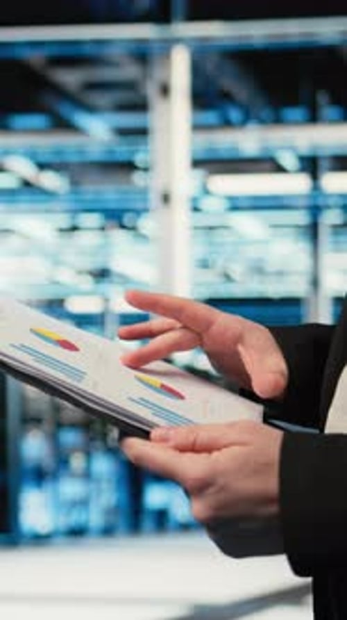 Vertical Video Close Up of Data Center Engineer Reading Clipboard Files Charts