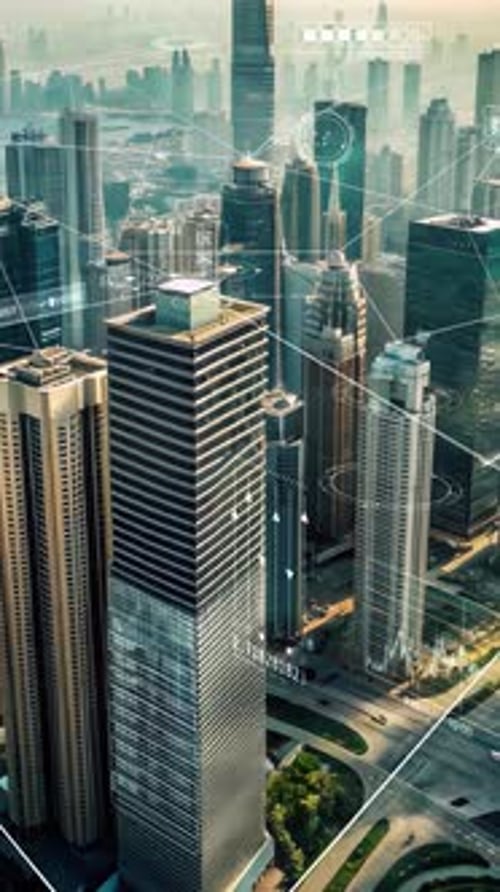 Digital Connectivity Overlay in Futuristic Smart Cityscape