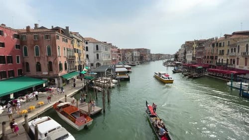 Wide View of Grand Canal From Famous Rialto Bridge, Gondola Sailing Venice Italy