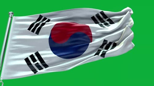 Realistic Waving South Korean Flag on Green Screen