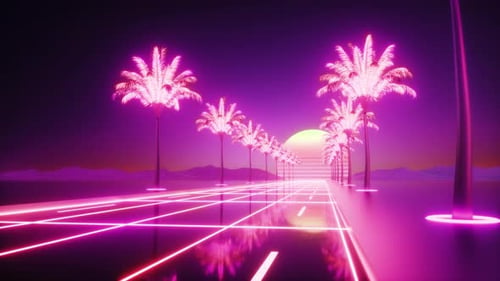 Neon Glowing Palm Trees And Road Synthwave Background