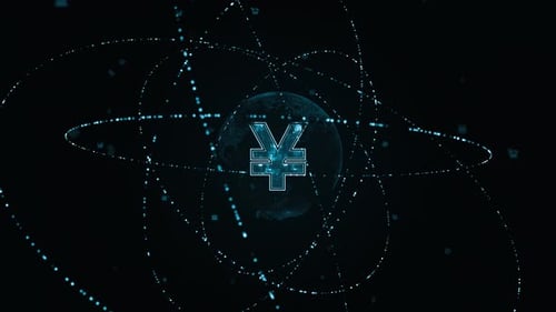 Blue digital money logo with particle ring circle rotation and earth sphere with ai technology icons