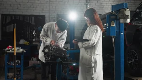 Engineers Measuring Engine Component with Vernier Caliper in Automotive Workshop