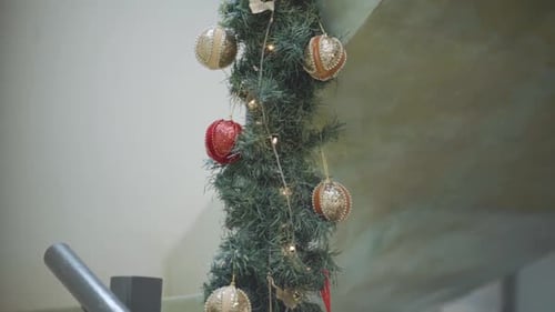 Christmas Light Decorations Sparkling on Stairs, Garland Ornaments, Close-Up, Natural Light