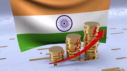 India Flag With Gold Coins Tower And Up Arrow