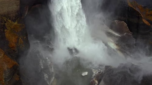 Aerial Over Majestic Haifoss Waterfall. Spectacular Scenery of Iceland