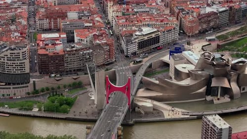 Aerial Perspective Guggenheim Museum's in Bilbao Modern Architecture Alongside Nervion River and La