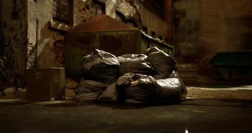 Grungy Urban Alley with Pile of Trash Bags