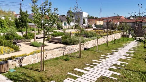 Aerial view of park benches and stone walls, Portugal.