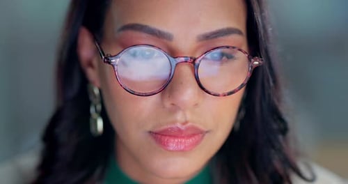 Technology, glasses and business woman in the office doing research for legal corporate project