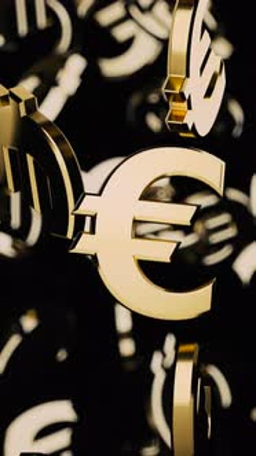 Falling Gold Euro Symbols on a Black Background with Bokeh in Portrait