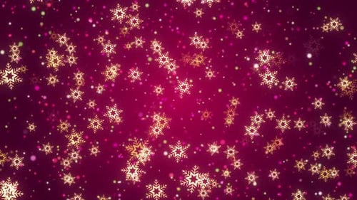 Flocon de neige doré tombant sur fond rouge dégradé. Fond de Noël : flocons de neige tombant