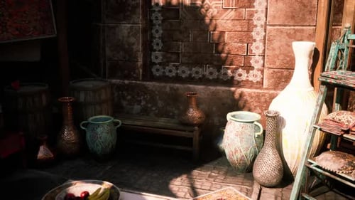 Vibrant Cultural Corner with Pottery and Textiles in a Sunlit Market