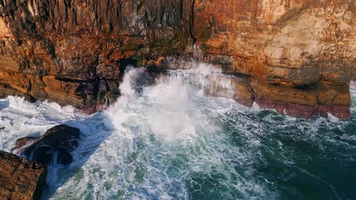 Stormy Waves White Foam Crashing Coastal Rocks Aerial Sea Water Breaking Stone