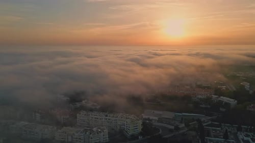 Stunning Sunset Cloudy Town Aerial View Golden Sunlight Illuminating Cozy City