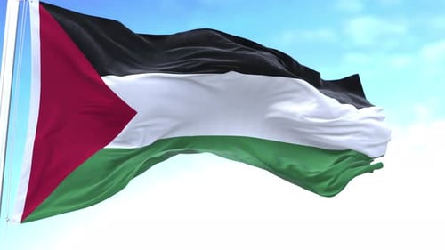 Realistic Palestinian Flag Waving Against Blue Sky
