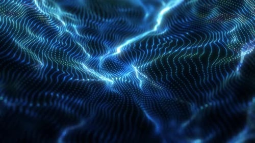Abstract blue futuristic waves from a grid of particles lines glowing bright shiny neon digital