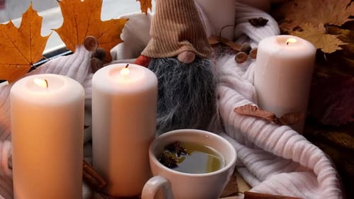 Candles and Tea with Fall Leaves