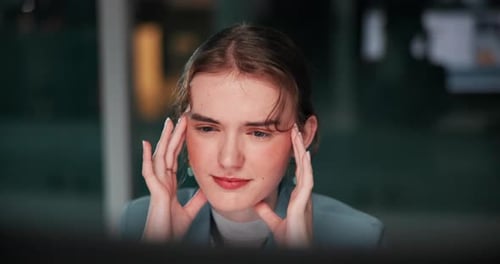 Business woman, night or headache with stress or massage temple, mistake or anxiety at office