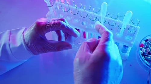 Hands with Gloves Working with Glass Slide in Lab
