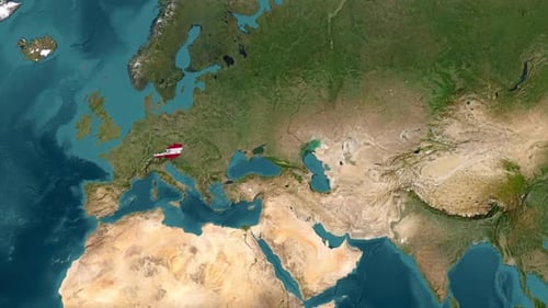 Global Map Zoom Reveals Austria with Waving Flag