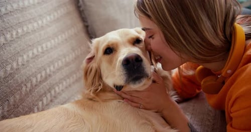 Plan rapproché d'une fille blonde dans un pull orange caresse et montre le bonheur à son chien qu'une fille adore