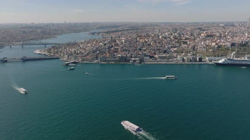 Forwards Fly Above Water Surface Aerial Shot of Tourist Boats Cruising on Water in Metropolis