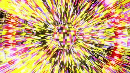 Yellow disco ball pulsing to the rhythm of dance music background 3d render. Vj and Dj loop