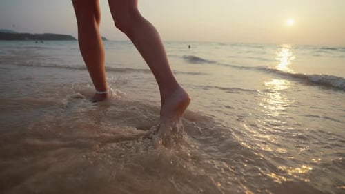 Woman Feet Barefoot on Beach Close Up Female Tourist Running on the Beach By Sea Ocean Enjoying the