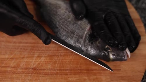 chef prepares a delicious fish dish. Close-up