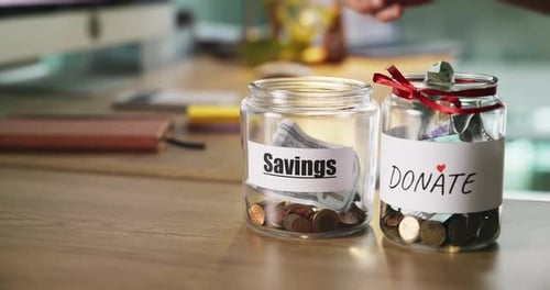 Donate jar, savings and hand with charity coins with change, cash and container with payment label