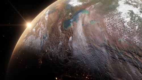 Realistic Planet Earth Rotation with Glowing Sunrise