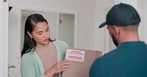 Tablet, woman and signature for delivery man at door, package and parcel box in home for ecommerce