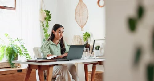 Laptop, remote work and writing with business woman in home office to research startup information